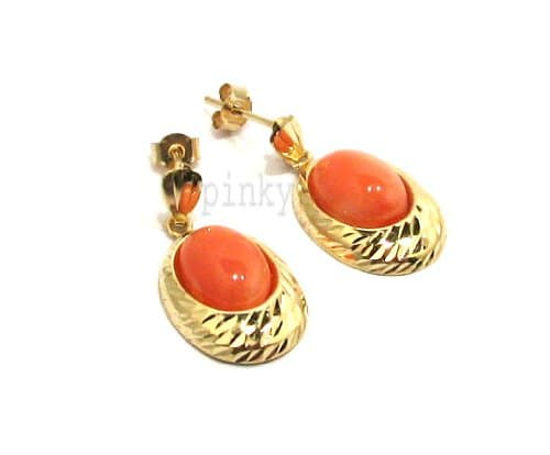 New 9ct Gold Real Coral Oval Diamond Cut Pattern Drop Earrings (GD271) GOLD EARRING / Gold Jewellry (MADE IN UK WITH HIGH QUALITY)