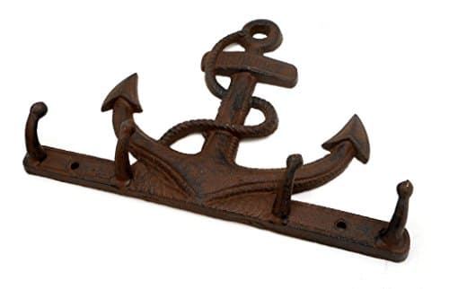 Large 10" Rustic Brown Cast Iron Anchor Hook Wall Plaque with Four Hooks, Nautical Coat Rack