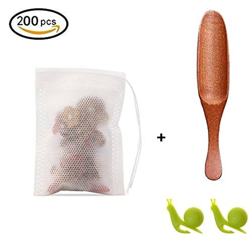 200 Pieces Tea Filter Bags Disposable Drawstring Non Woven Tea Bag for Loose Leaf Tea or Flower Fruit Teas with 1 Wooden Tea Spoon, 2 Snail Silicone Tea Bag Holder
