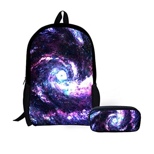 LedBack 3D Galaxy School Bag with Pencil Bag Polyester Backpack for School Boys Girls Elementary Children Teens Pen Holder Large Capacity Book Bag