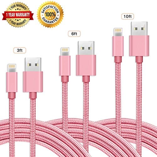 iPhone Lightning Cable, 3 Packs 3ft/6ft /10ft Phone USB Charger Cord Charging Data Cable Wear resistant Nylon Braided Cord for iPhone 7/7 Plus/6/6 Plus/6s/5/5S/5C/SE, iPad 4, iPod, iPad