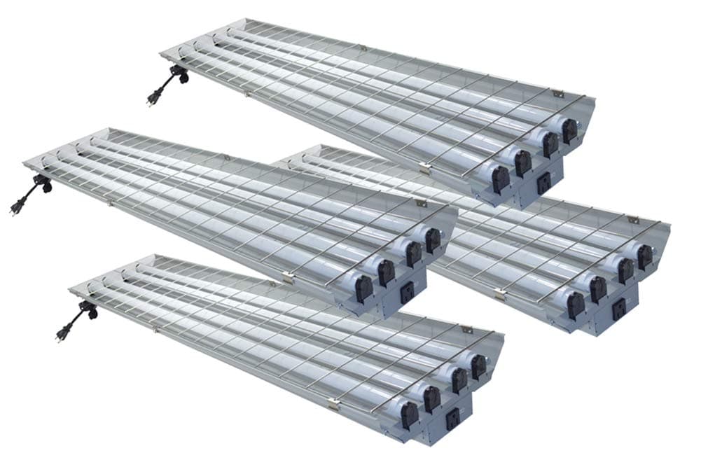 (4-Pack) Orilis Grey LED 4 Ft. 96 Watt Heavy-Duty High Bay Hanging 4 Light Shop Light Plug in T8 Fixture with Pull Chain - Wire Guard - External Convenience Outlet - (4) 24W LED Tubes- 6500K