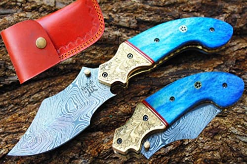3.5"Damascus Blade Custom Folding Knife w/Liner Lock, Custom FileWork, Engraved Brass Bolsters, Dyed Buffalo bone & Custom Sheath UDK-a-usaS-223