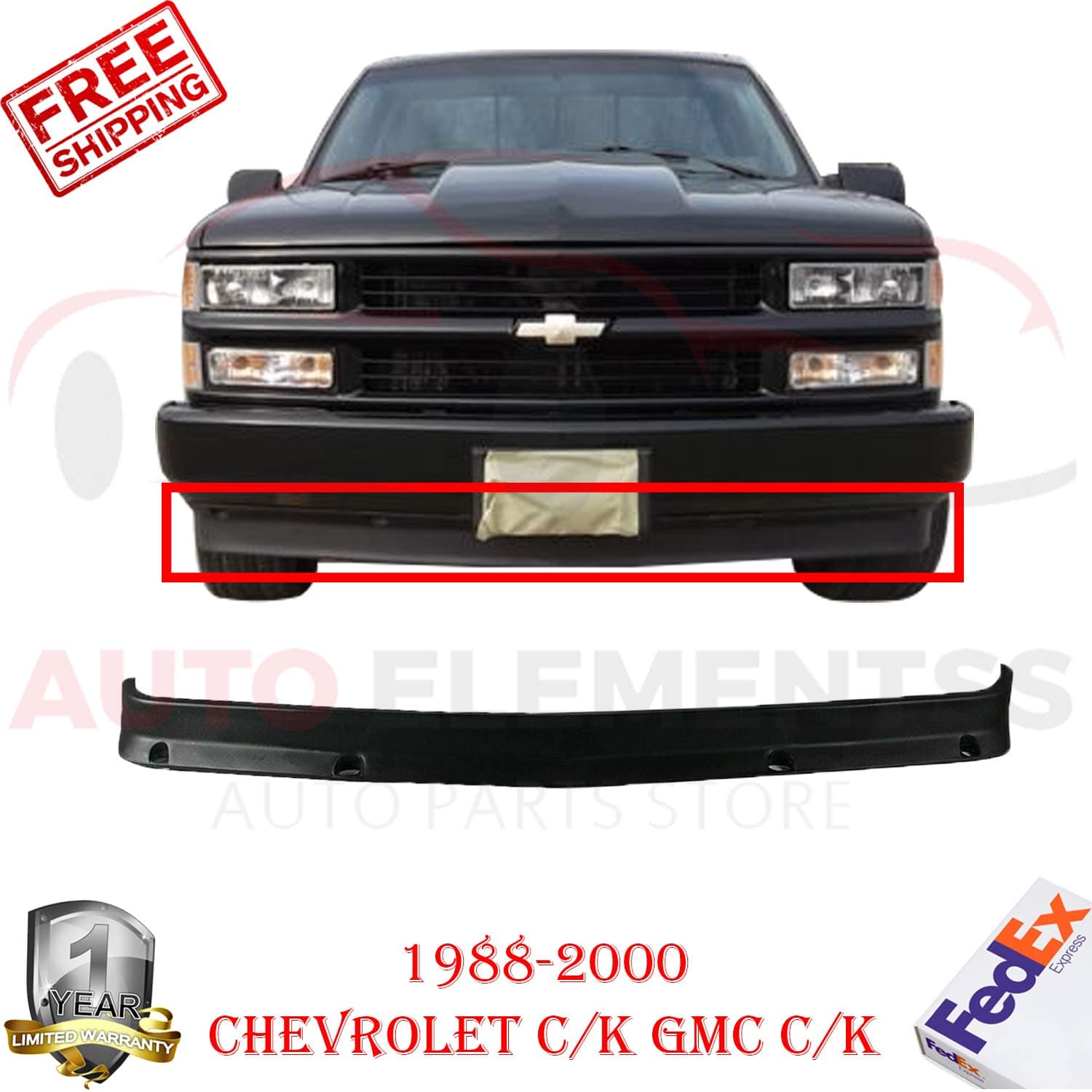 New Front Lower Valance Air Deflector Primed For 1988-2000 GMC K1500 Sierra Chevrolet C1500 C2500 C3500 Silverado PickUp W/O Tow Hook Holes Direct Replacement GM1090108 15569428