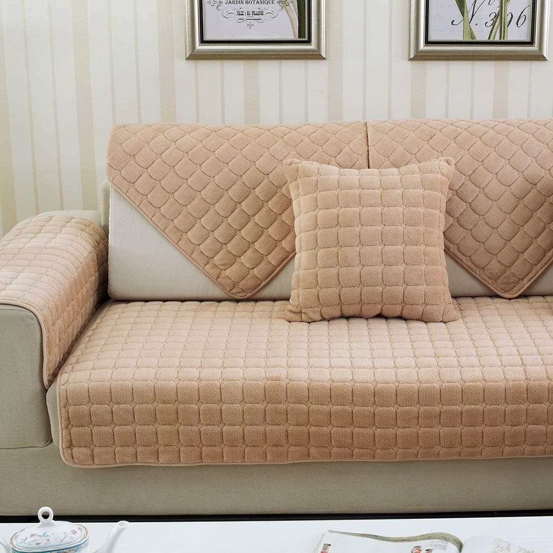 Sofa Cover 1 piece for L Shape Sofa, Winter Plush Sofa Cushion Thickened Flannel Sofa Mat Plush Anti-Skid Pet Sofa Cover, yellow, 90 * 90cm