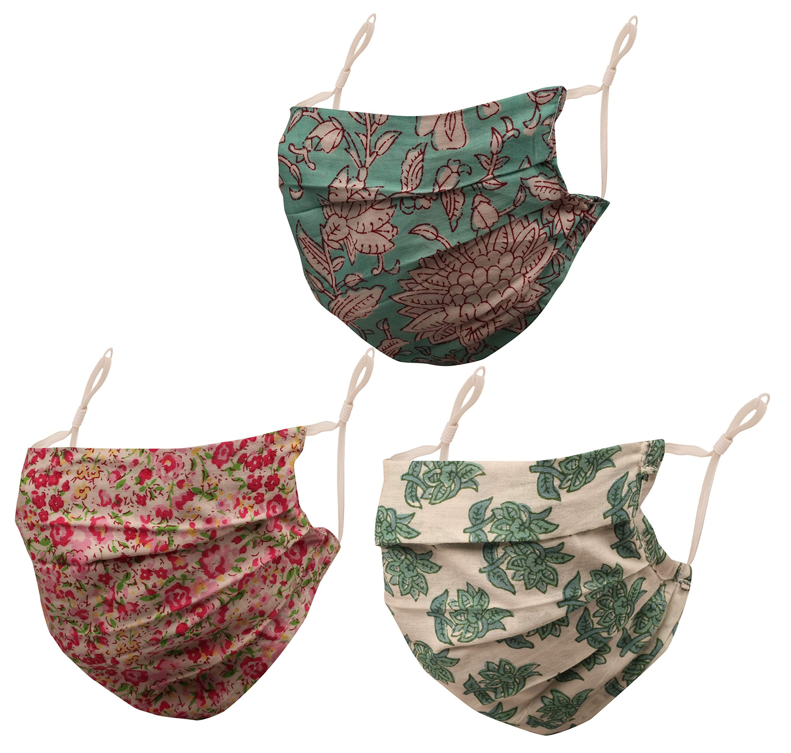 Touchstone Floral Fabric Adjustable filter pocket nose bridge double layer cotton face mask reusable washable for men, women (Pack of 3). Pink Blue Green