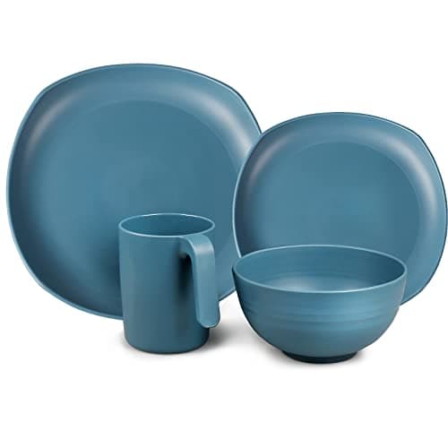 Greentainer Plastic Plates Bowls, Mugs for 4 Lightweight Dinnerware Set for College Dorm/RV Essentials ,Unbreakable 16PC Camping Tableware Set BPA Free Microwave& Dishwasher Safe