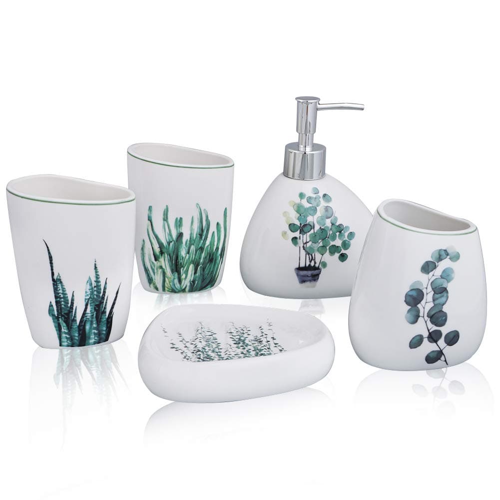 White Ceramic Bathroom Accessory Set - Including 5 Piece Soap Dispenser, Toothbrush Holder, 2 Tumbler, Soap Dish with Green Plant Pattern