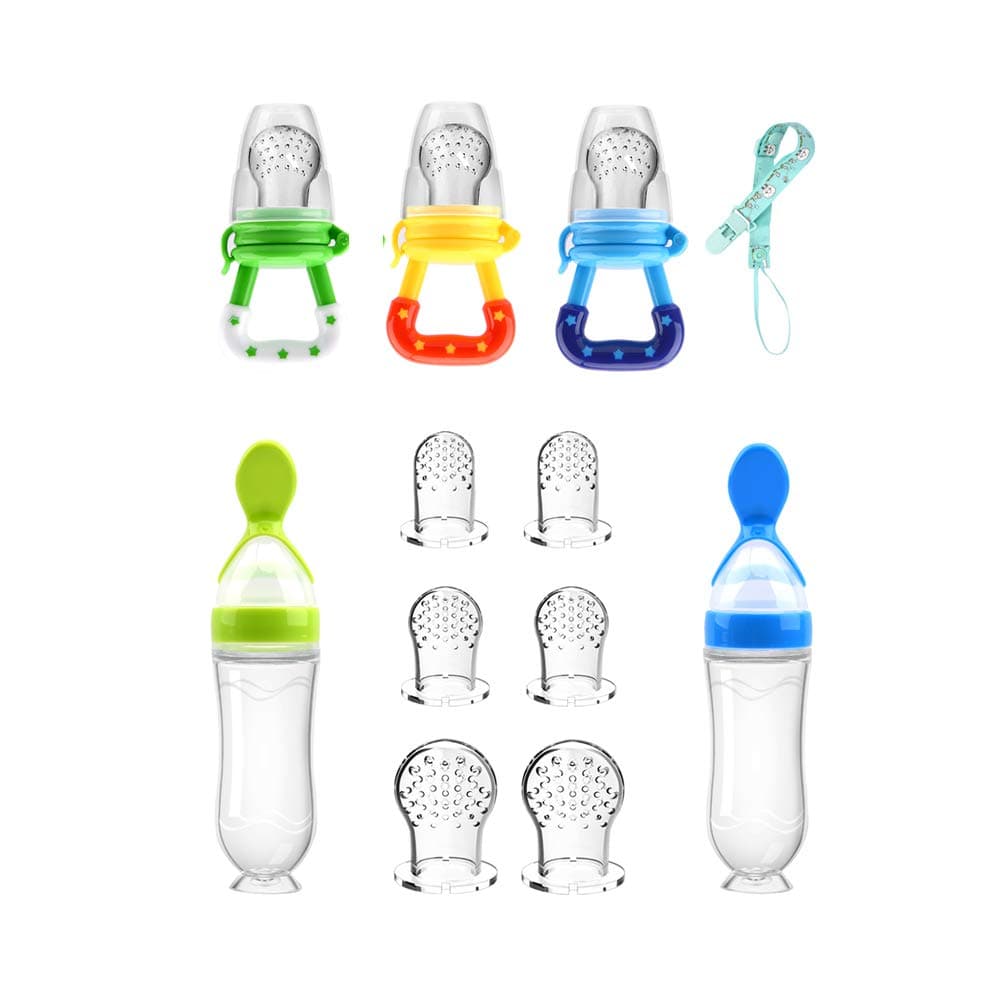 Food Feeder Baby Fruit Pacifier (3 Pcs) with 6 Different Sized Silicone Pacifiers 2 PCS Dispensing Spoon 90ML Spoons Clip Infant Teething Feeders -Blue