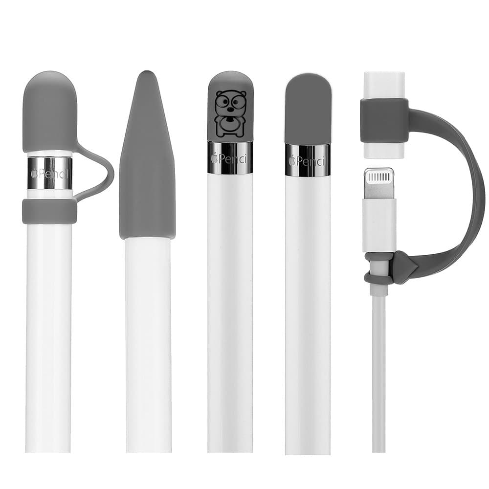 5-Pack Silicone Protective Accessories for Apple Pencil 1st Generation, Includes 2 Apple Pencil Cap Replacements, Apple Pencil Cap Holder, Apple Pencil Tip Cover, Cable Adapter Tether(Gray)