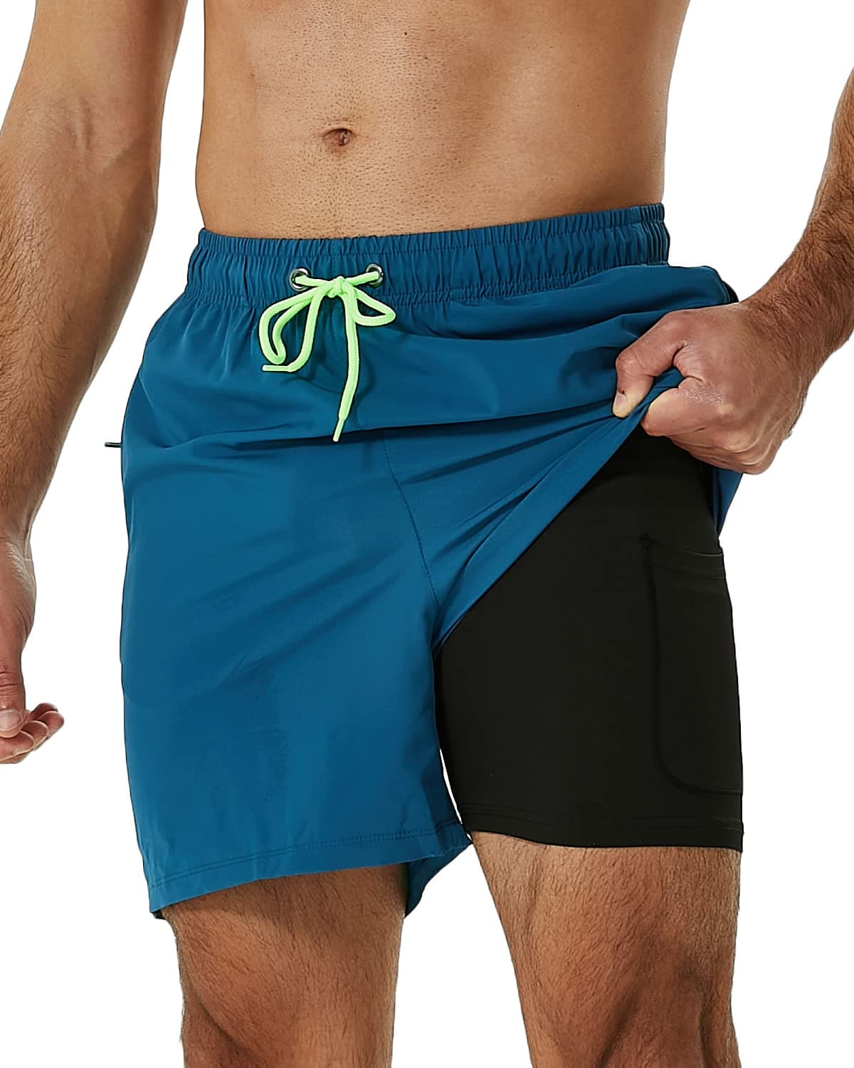 Mens Swimming Trunks with Compression Liner 2 in 1 Quick-Dry Swim Shorts with Zipper Pockets