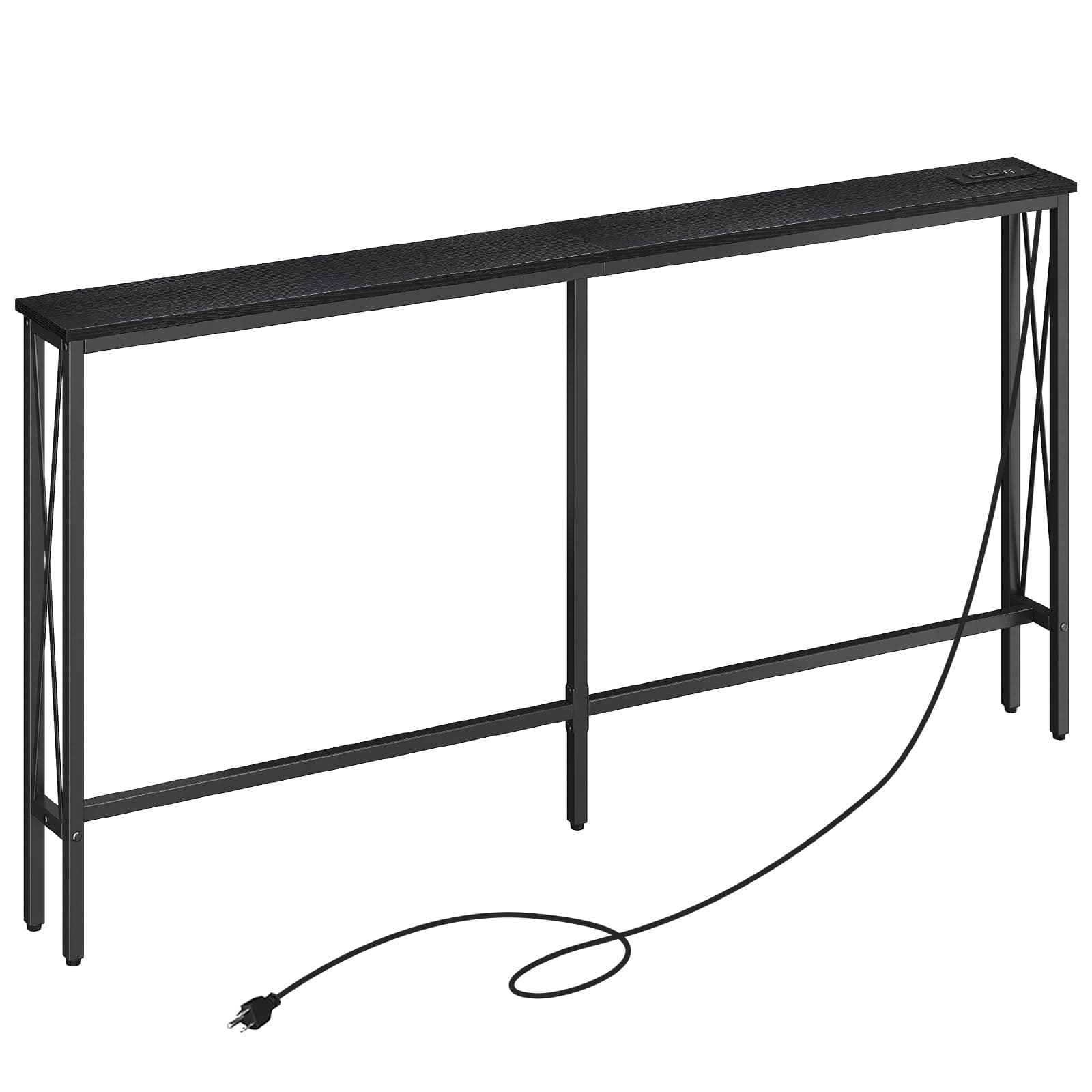 ELYKEN 5.9" Narrow Console Sofa Table with Power Outlets, 5.9" Dx63 Wx31.5 H Long Skinny Behind Couch Table with “X” Cross Metal Frame and Charge Station with 6.5’ Extension Cord, Black