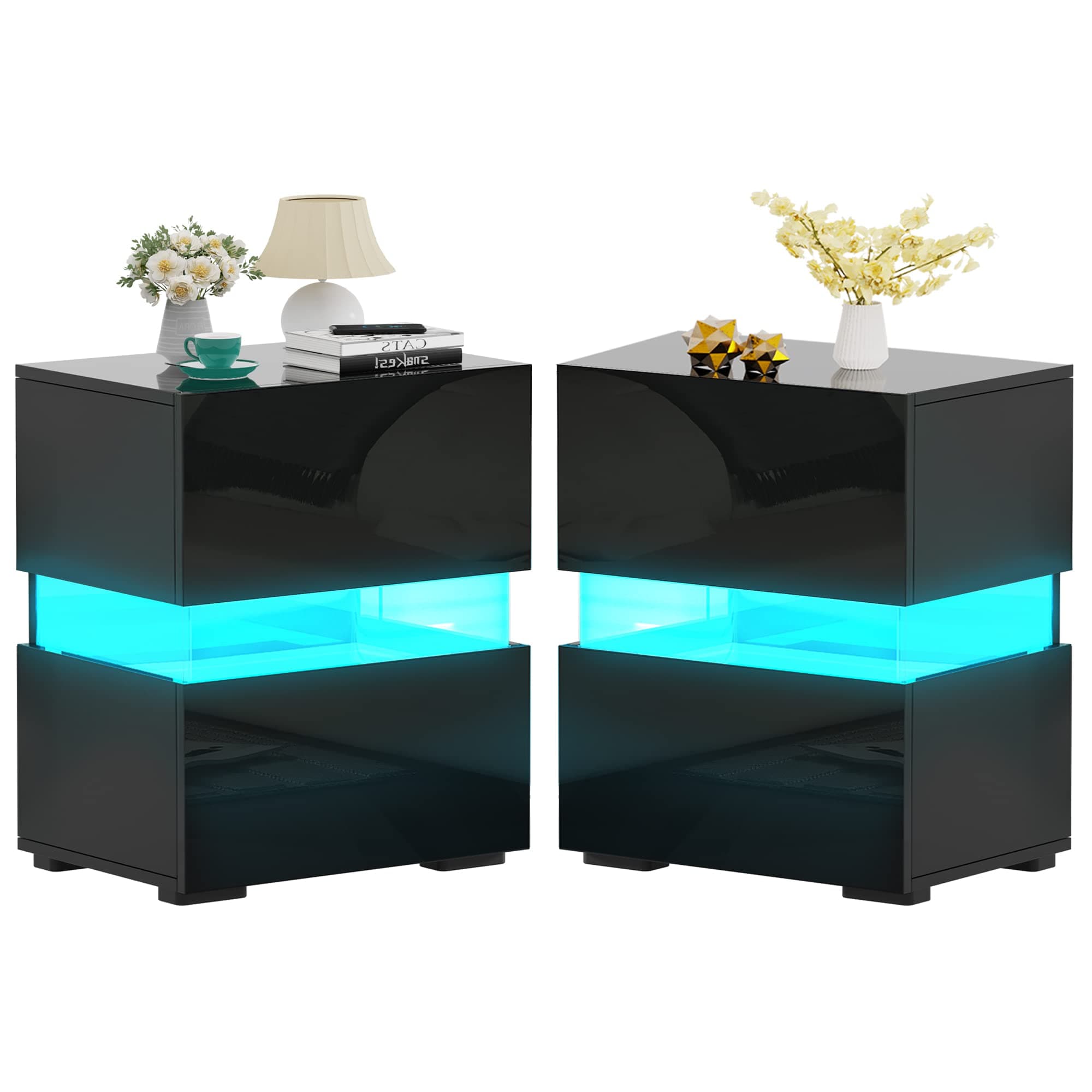 SUPERJARE LED Nightstands Set of 2, 23.7''H, High Gloss Drawers, Bed Side Tables with LED Lights, Remote, Tall Modern, Night End Tables, for Bedroom, Living Room - Black