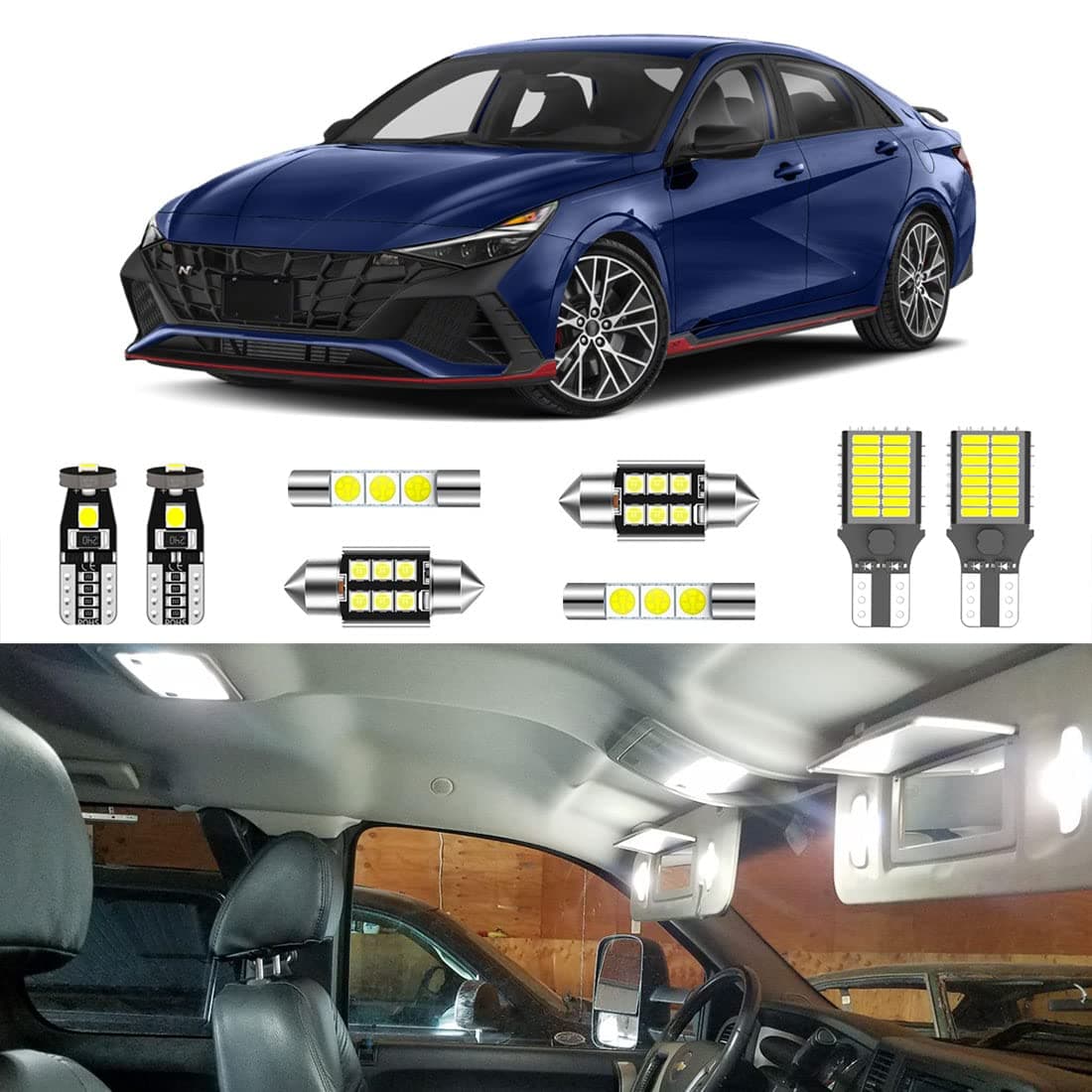 LIGHSTA 8PCS Super Bright White Interior LED Light Kit Package for 2022 2023 & Up Hyundai Elantra N + License Plate Lights and Install Tool