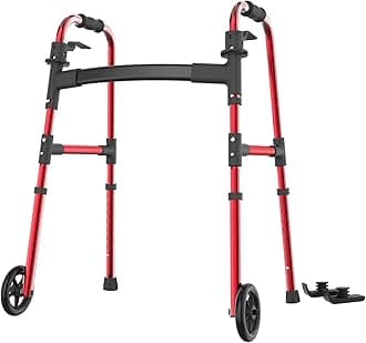 Folding Walkers for Seniors, Walker with Skis Lightweight 5'' Front Wheel Walker Height Adjustable Aluminum Standard Walker for Elderly and Disabled(Red)