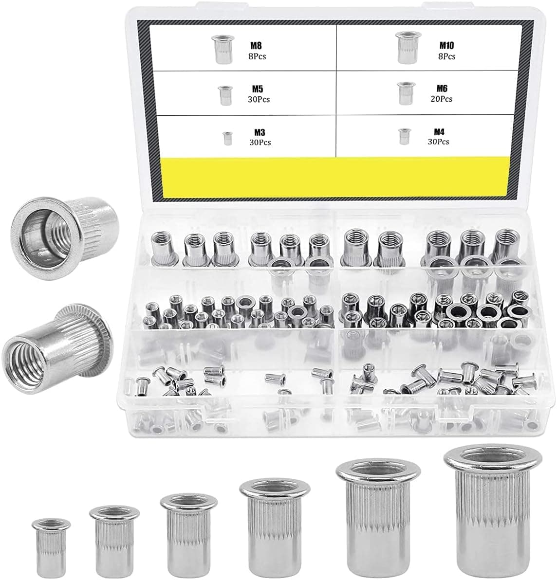 126 Pieces 304 Stainless Steel Flat Thread Rivet Nut Insert Nut Rivet Nut Assortment Kit - M3 M4 M5 M6 M8 M10
