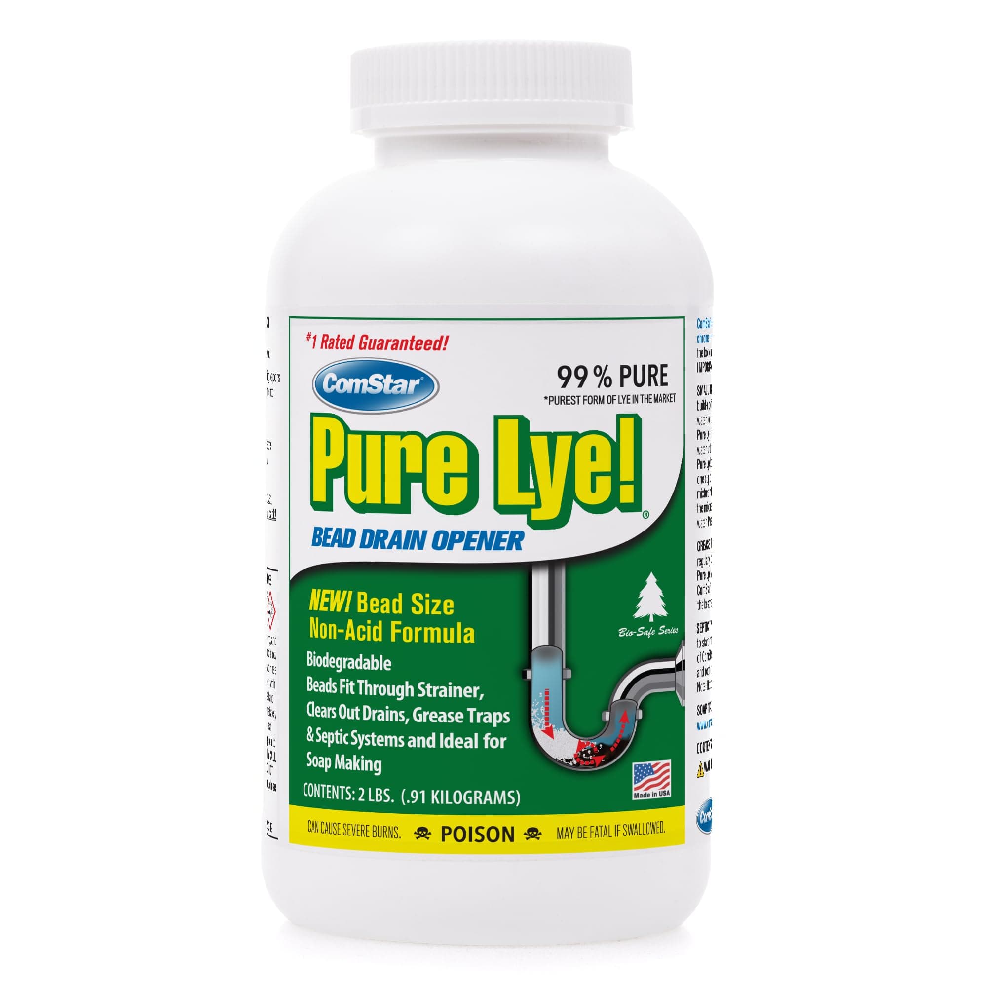 ComStar Pure Lye 2 lb - Unique Sodium Hydroxide Beads | Drain Opener & Soap Making | Biodegradable, Eco-Friendly (30-504)