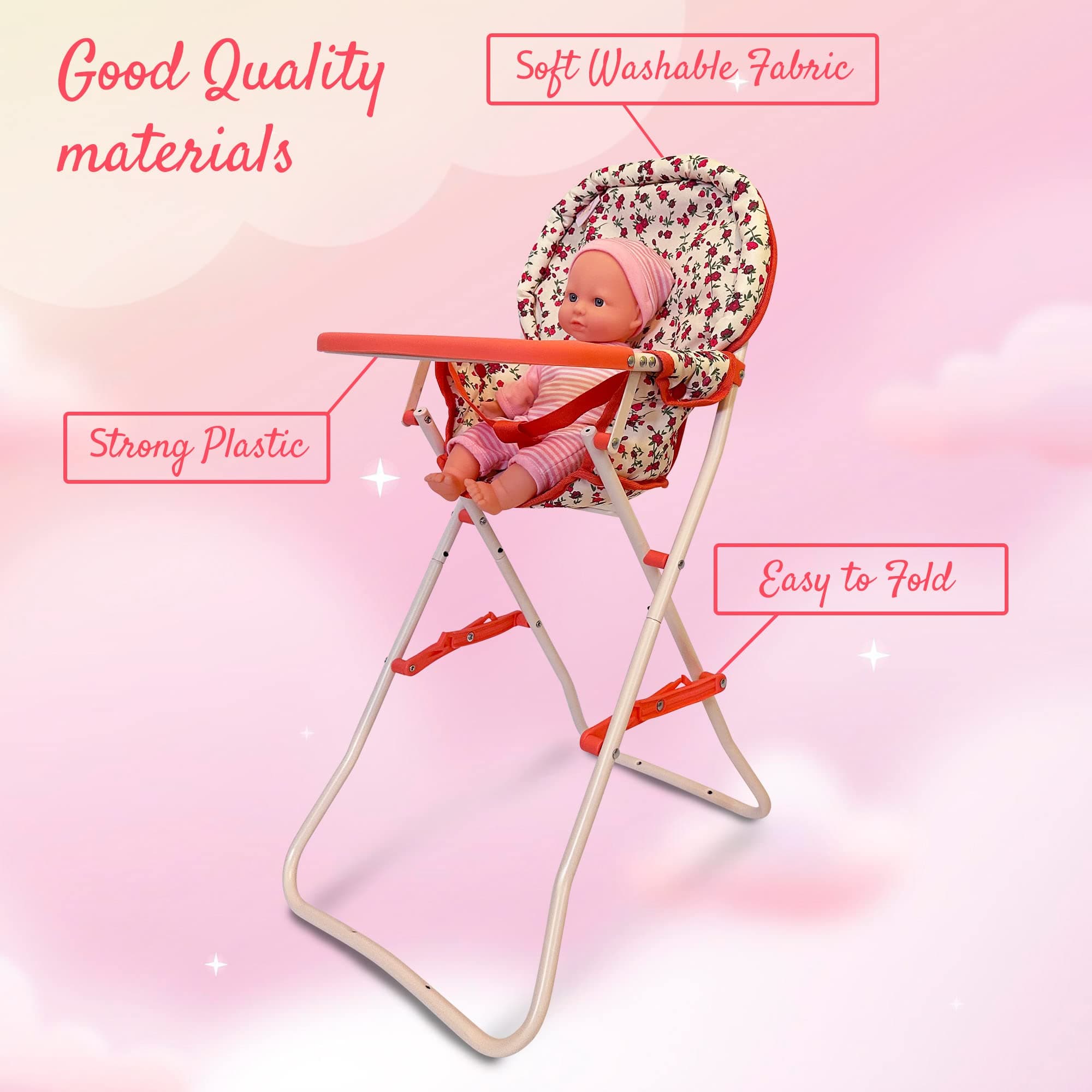 Foldable Baby Doll High Chair, Baby Doll Accessories, Dolls & Accessories Highchair Stuff for 18 Inch Doll, Doll High Chair Toy Set for Toddlers 3 Year Old Girls, 5+ Year Old Girl Doll Furniture Toys