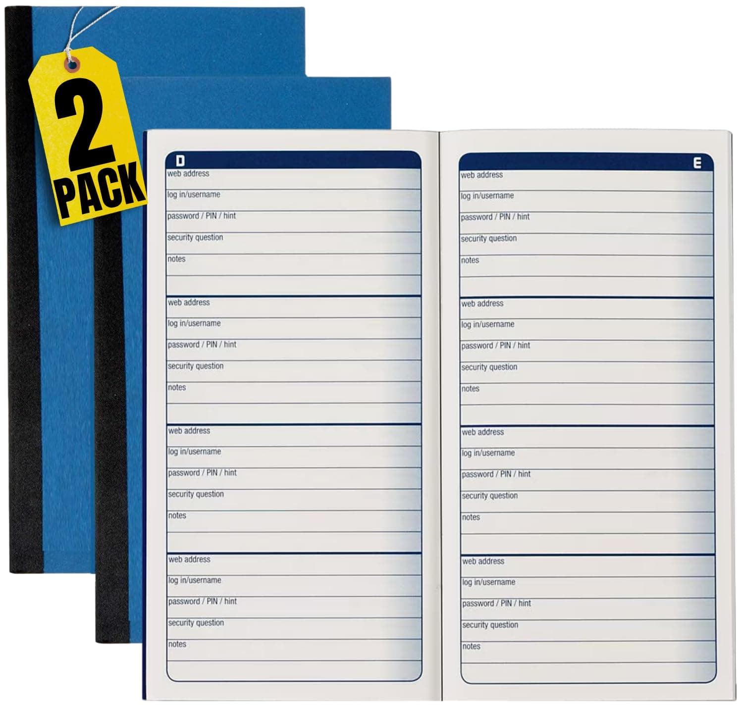 Password Journal, Password Keeper Book Small, Blue 3 1/4 x 6 1/4, 192 Entries, (2 Pack)