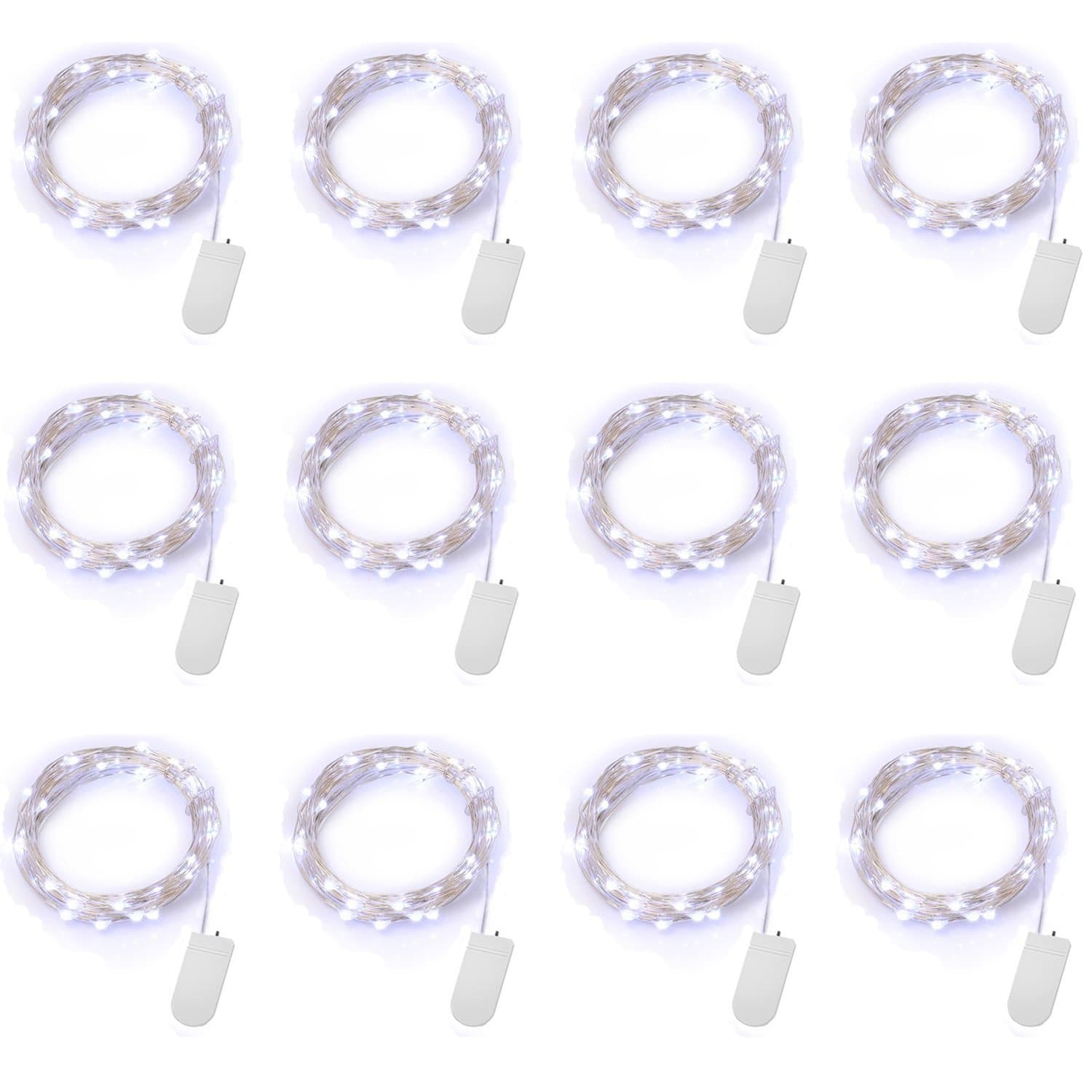 12 Pack Fairy Lights White LED String Lights White Battery Powered 7.2FT 20 Micro LEDs Starry String Lights Firefly Lights for Halloween Costumes Crafting Holiday Wedding Decoration