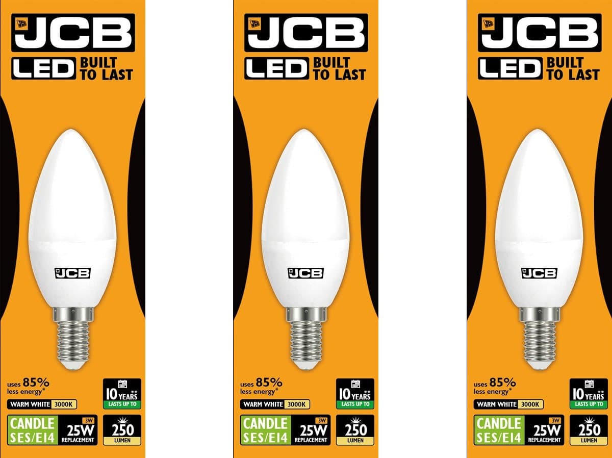 JCB 3w LED E14 Candle Bulbs Small Edison Screw, 25w Incandescent Bulb Equivalent, 250lm, Warm White 3000k, Non Dimmable, LED Small Edison Screw Candle Light Bulbs, 220-240v. Pack of 3 Units