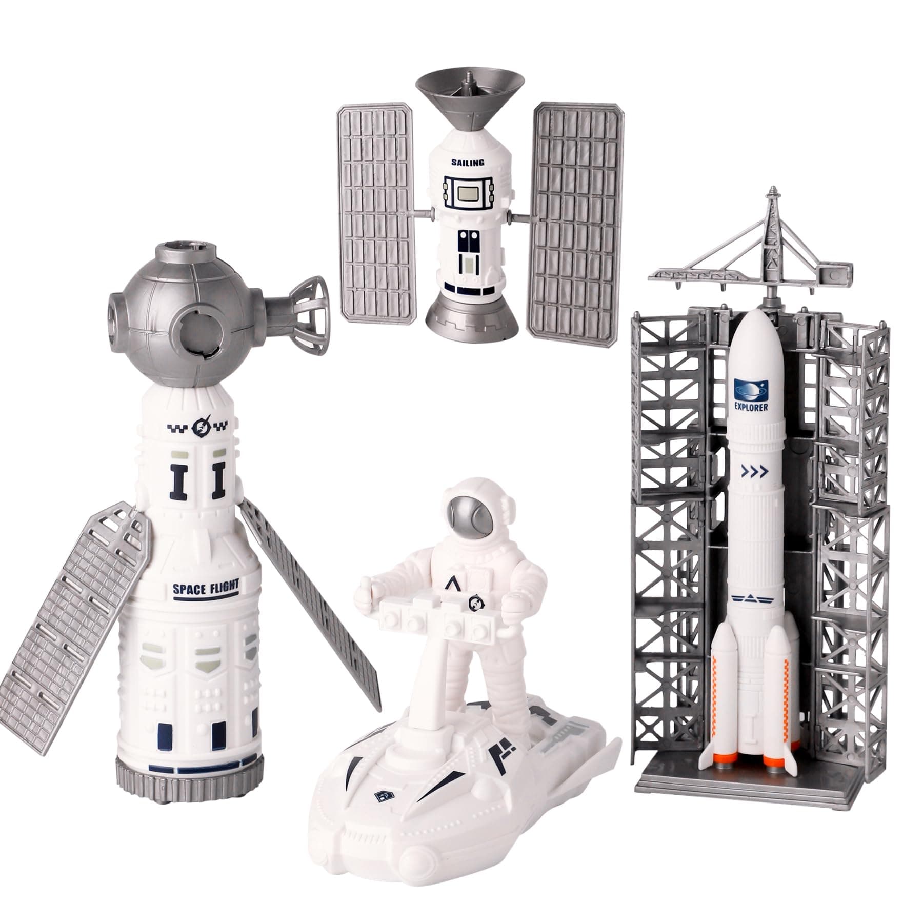 Space Toy Kit, Spaceship Toys Set with Astronaut Figure, Double Satellite, Pointy Rockets and Launch Towers, Space Scooter, Astronaut Exploration Gift for Exploring Boys and Girls