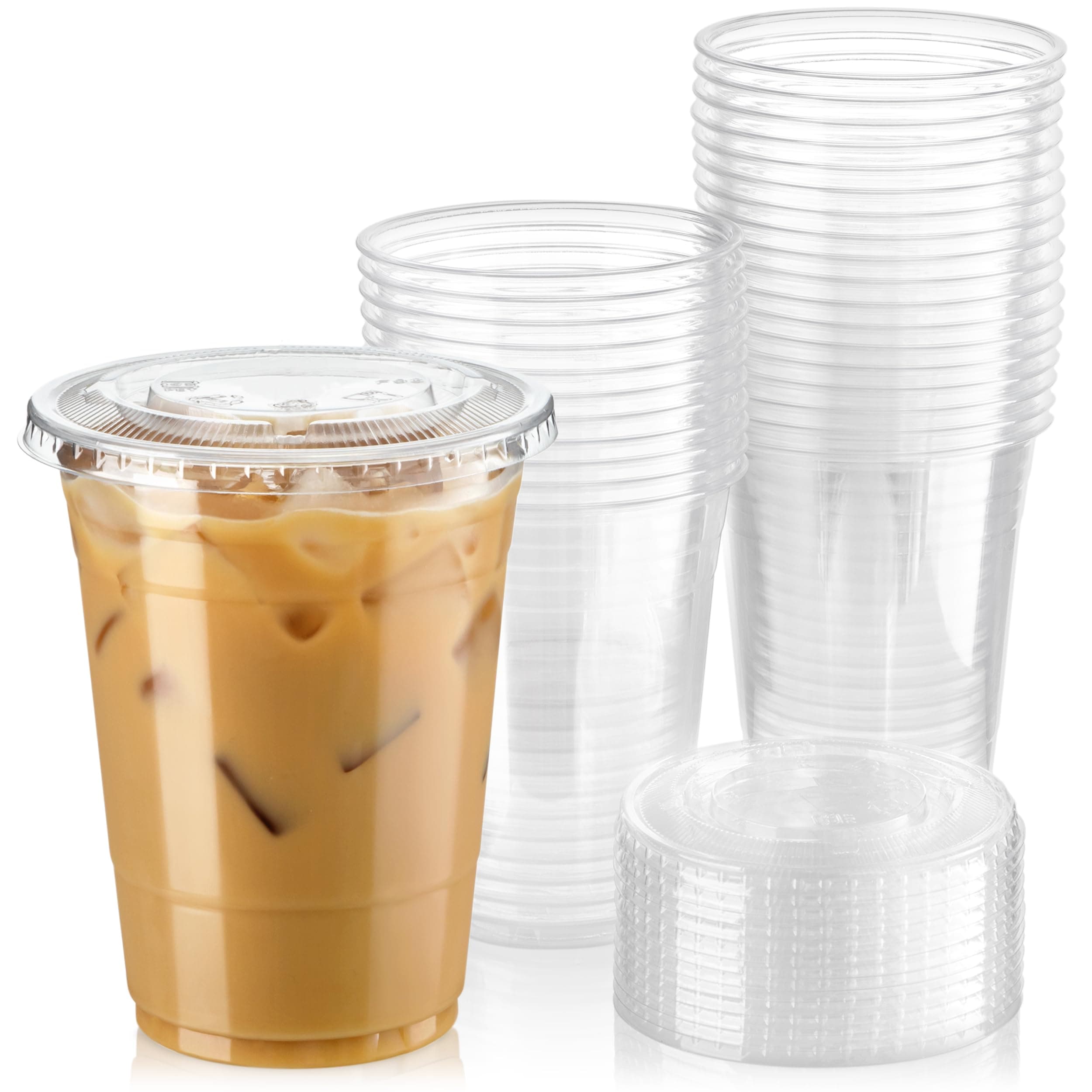 Fit Meal Prep 50 Pack 16 oz Clear Plastic Cups with Flat Lids, Disposable Iced Coffee Cups, BPA Free Premium Crystal Smoothie Cup for Party, Lemonade Stand, Cold Drinks, Juice, Milkshake