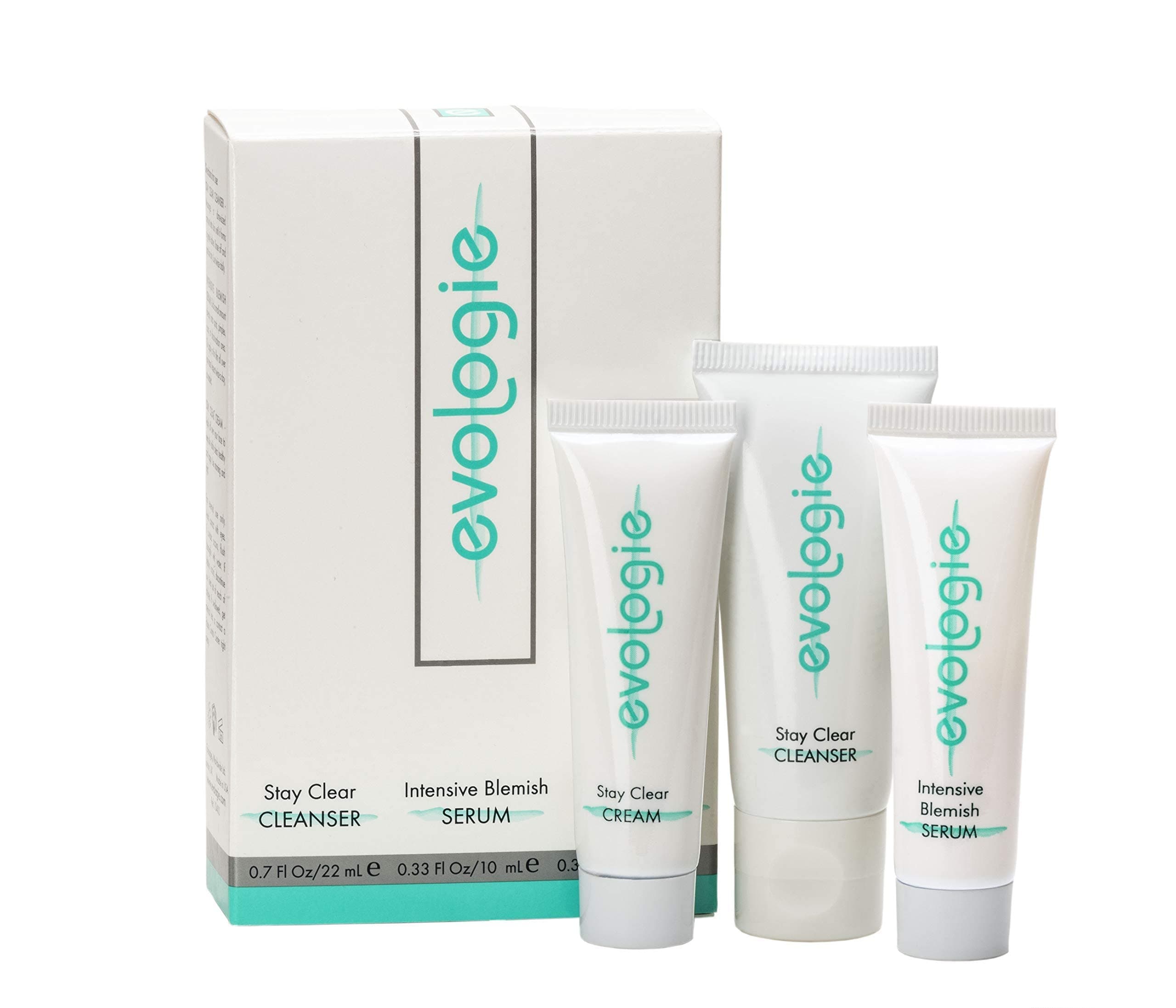 Evologie Starter Kit 3 Pack | Includes Stay Clear Cleanser (0.7 Fl. Oz.), Intensive Blemish Serum (0.33 Fl. Oz) & Stay Clear Cream Moisturizer (0.33 Fl. Oz) | Travel Pack