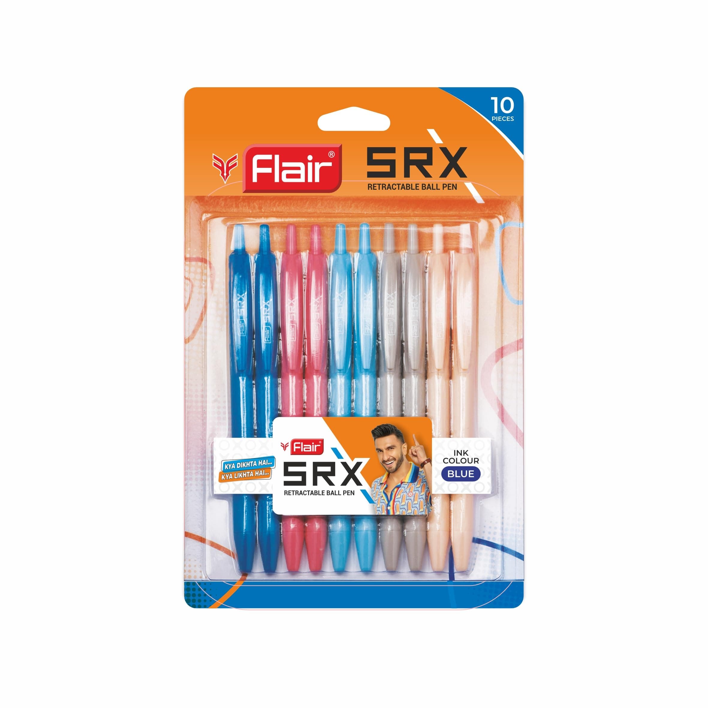 Flair Srx 0.7mm Retractable Ball Pen Blister Pack | Triangular Body Design For Better Grip | Light Weight Refillable | Smooth Writing Experience | Vibrant Solid Body Colours | Blue Ink, Pack of 10 Pen