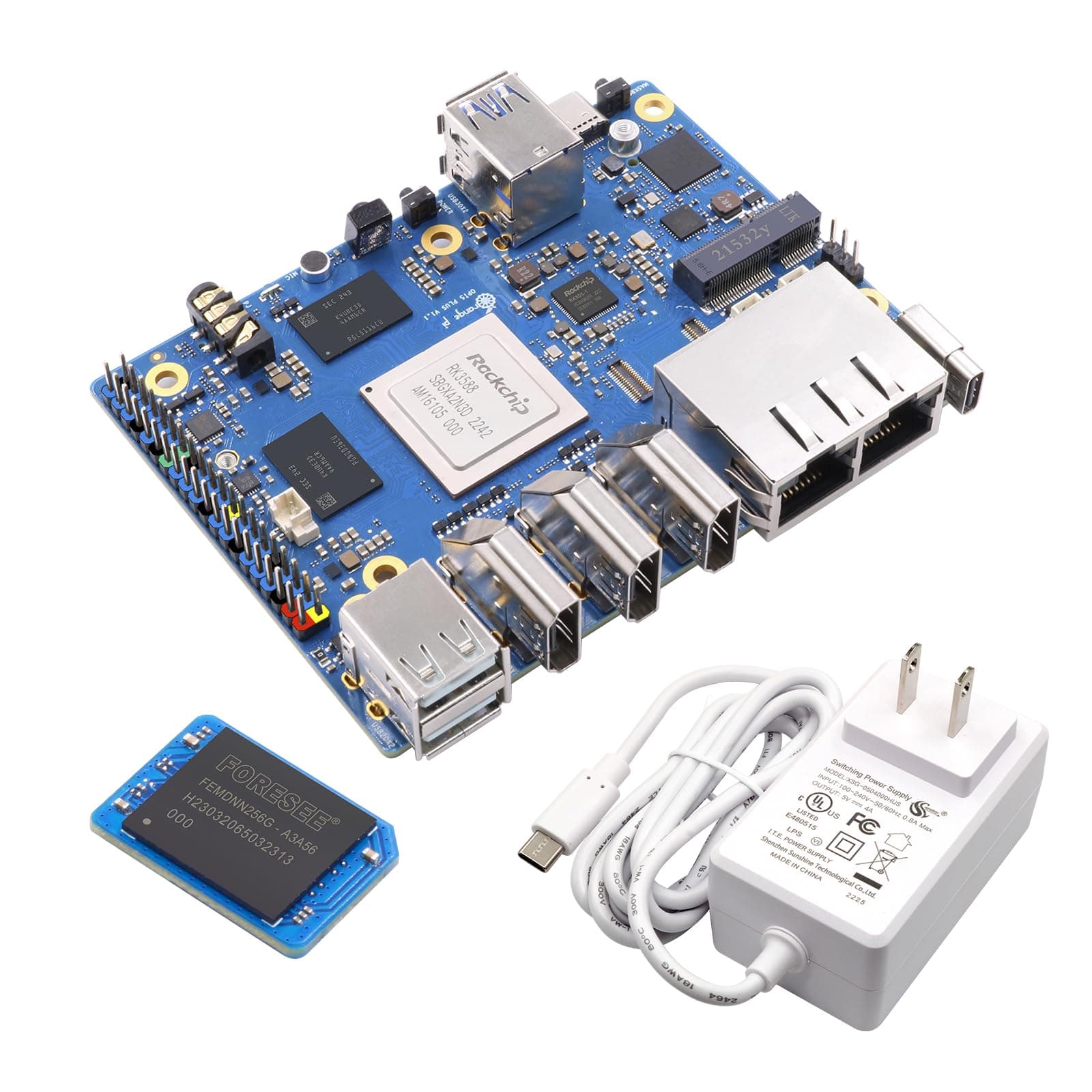 5 Plus 16G with 256GB eMMC Module RK3588 8 Core 64 Bit Single Board Computer, 2.4GHz Frequency Open Source Board Run Orange Pi OS,Android,Debian,Ubuntu (OPi 5 Plus 16G+256GB eMMC+TC Supply)