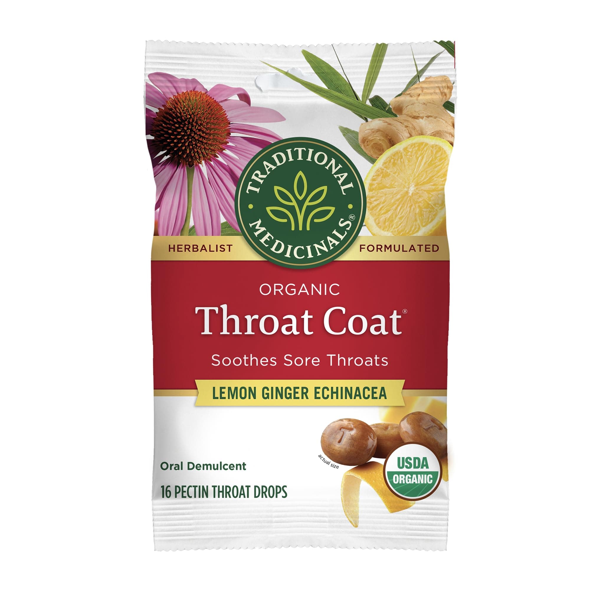 Organic, Throat Coat Lozenges, Lemon Ginger Echinacea - Herbal Cough Drops, Helps Soothe Sore Throat - Non-GMO, Stimulant-Free - 16 Count