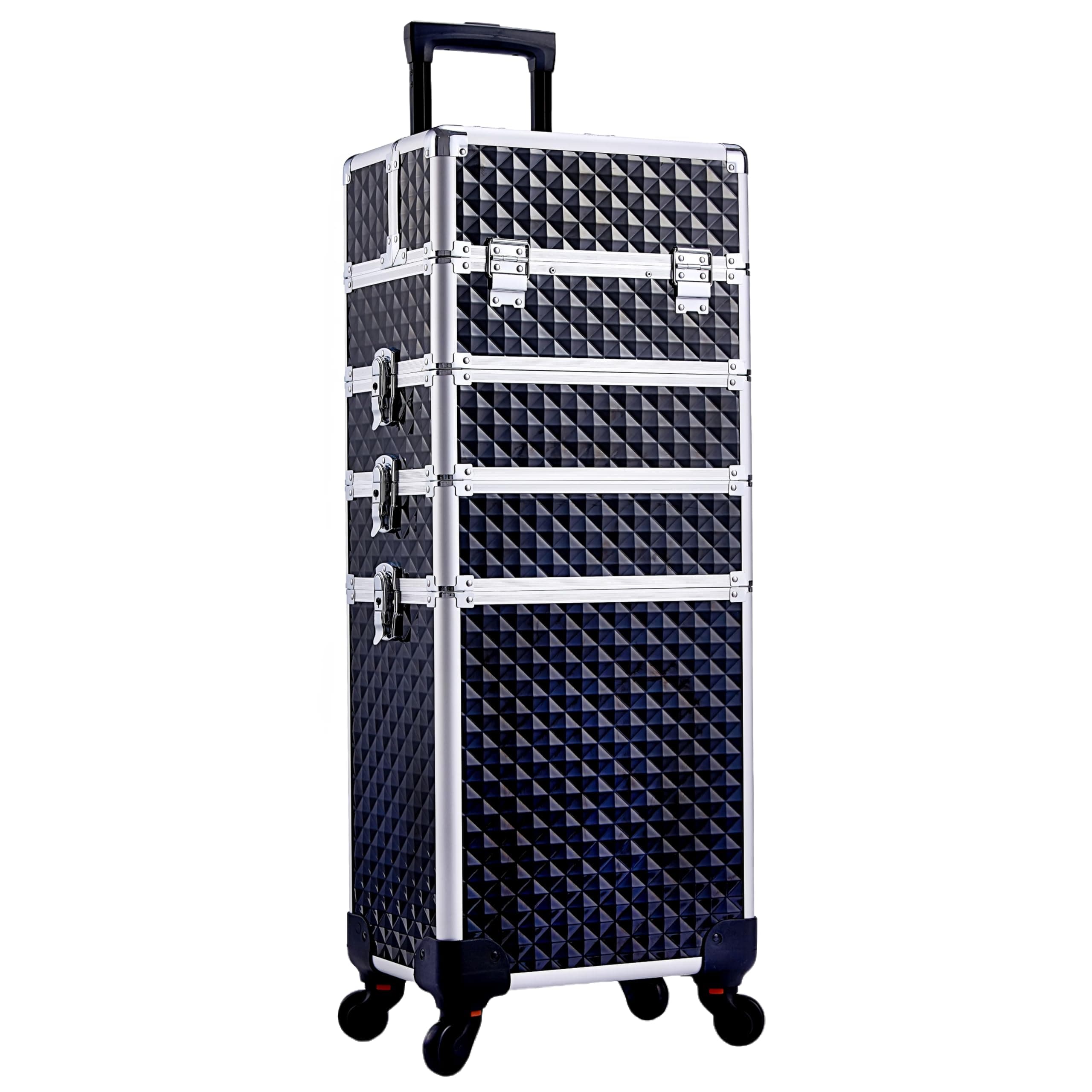4 in 1 Rolling Makeup Case Cosmetic Train Case Trolley Roll Travel Box for Makeup Artist, Hairstylists, Nail Tech Makeup Cart with Key Swivel Wheels Barber Case Traveling Trunk Black