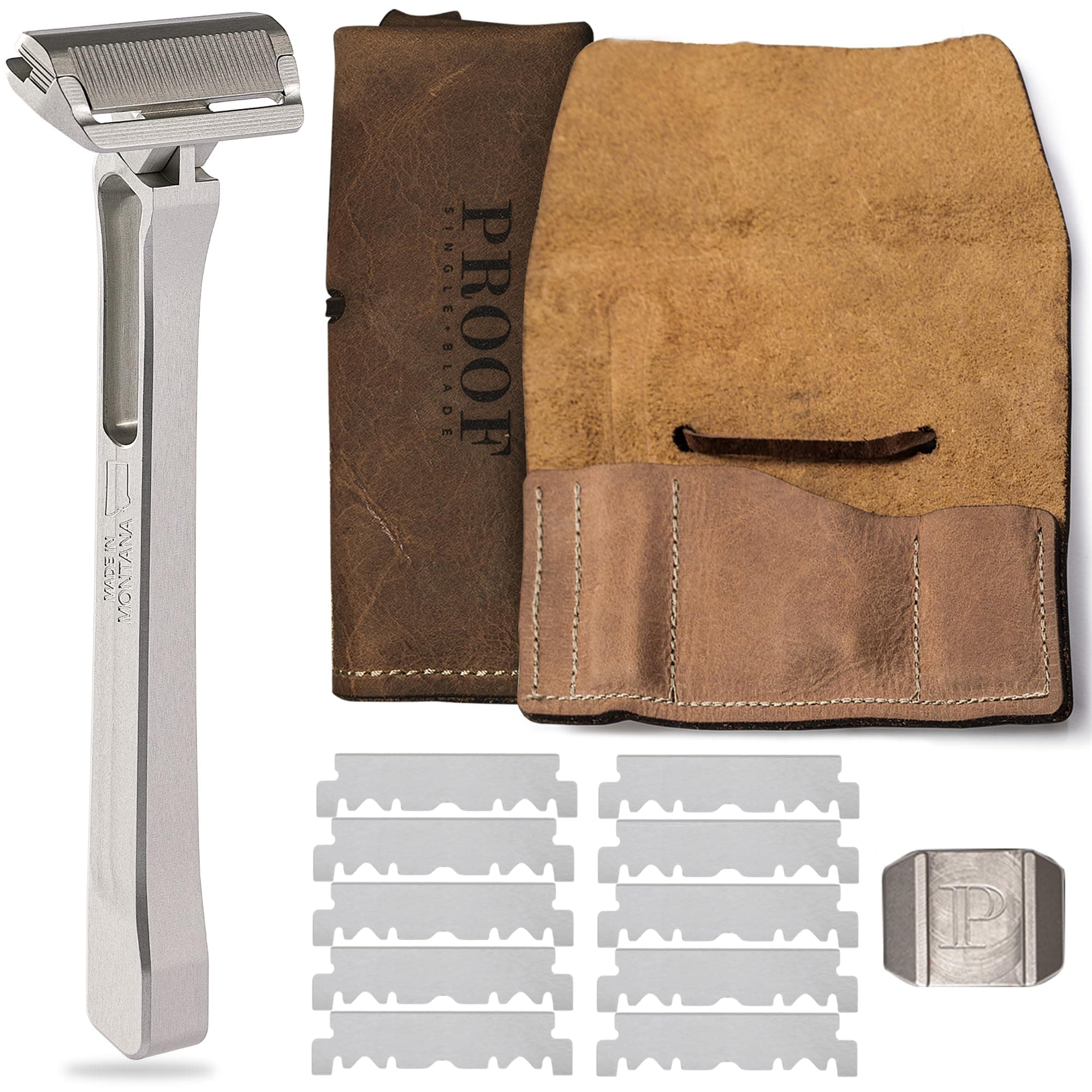 Select Single Blade Razor for Men with Pivoting Head Made in USA - CNC Machined Aluminum Easy Blade Replacement - Includes Genuine Leather Travel Case, Suction Cup Holder and Safety Razor Blades