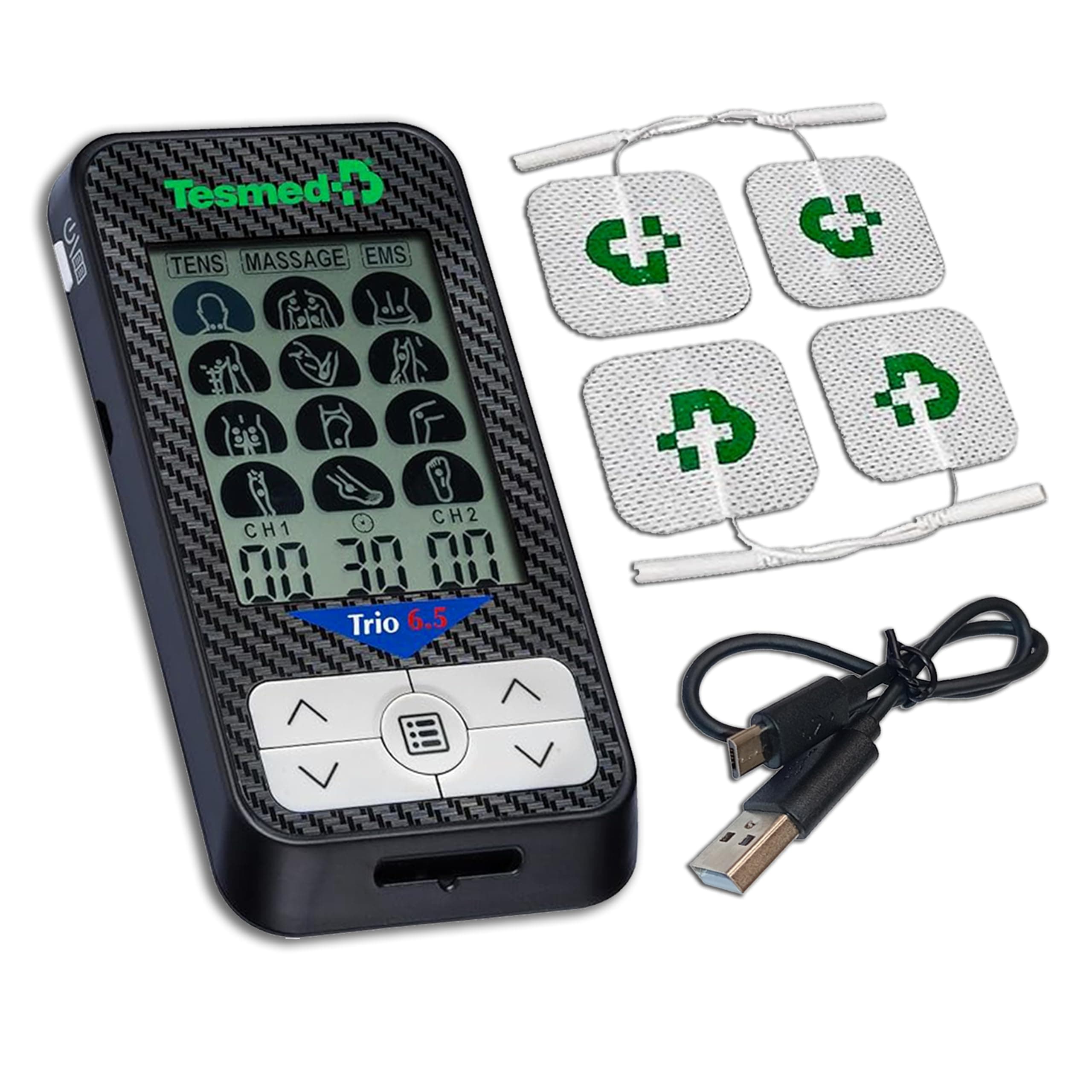 Trio 6.5: USB Rechargeable Muscle Stimulator - 36 Programs, 40 Intensity Levels, 4 Electrodes - EMS, TENS and Massage