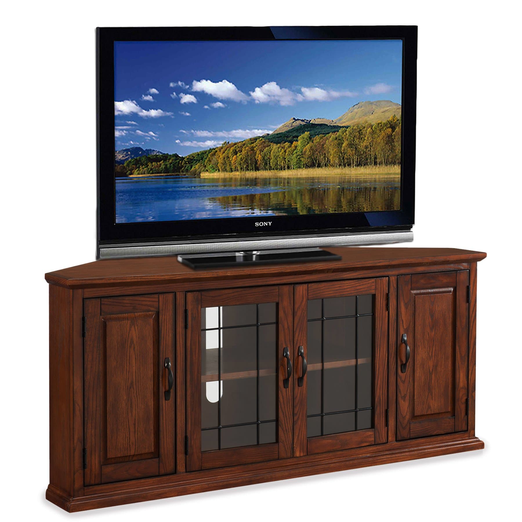 Riley Corner TV Stand 60 in, Burnished Oak, Solid Wood, Beveled Tempered Glass, Blackened Hardware, Adjustable Shelf, Easy Assembly, 56 in L x 20 in W x 25 in H, Item 80386