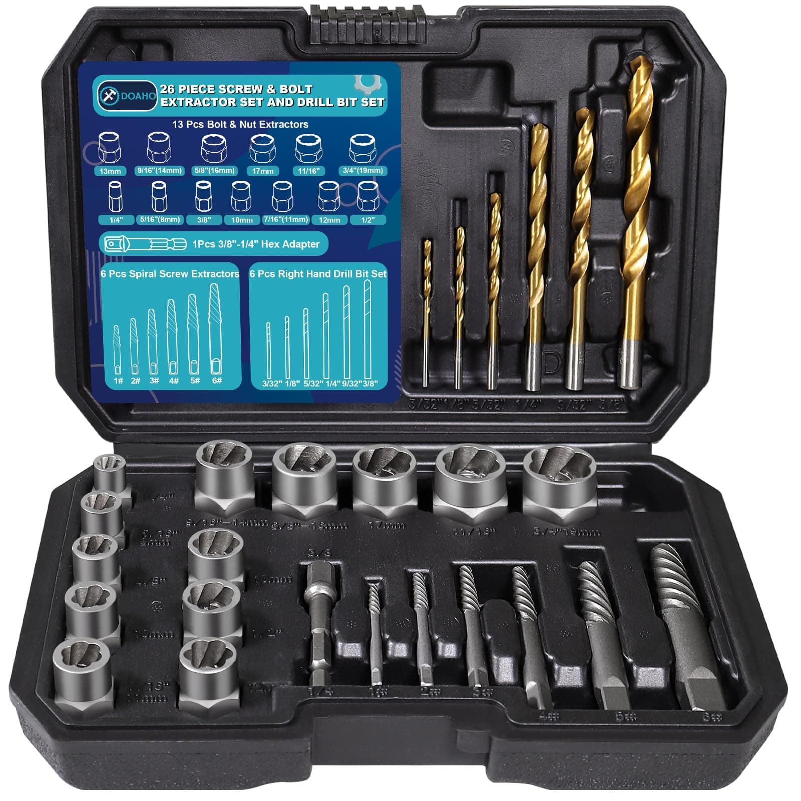 DOAHO 26 Piece Bolt Extractor Screw Extractor Set and Drill Bit Set, 13 Cr-Mo Bolt Extractor Set, 1 Hex Adapter, 6 Spiral Screw Extractor Set, 6 x HSS Steel Left Handed Drill Bits