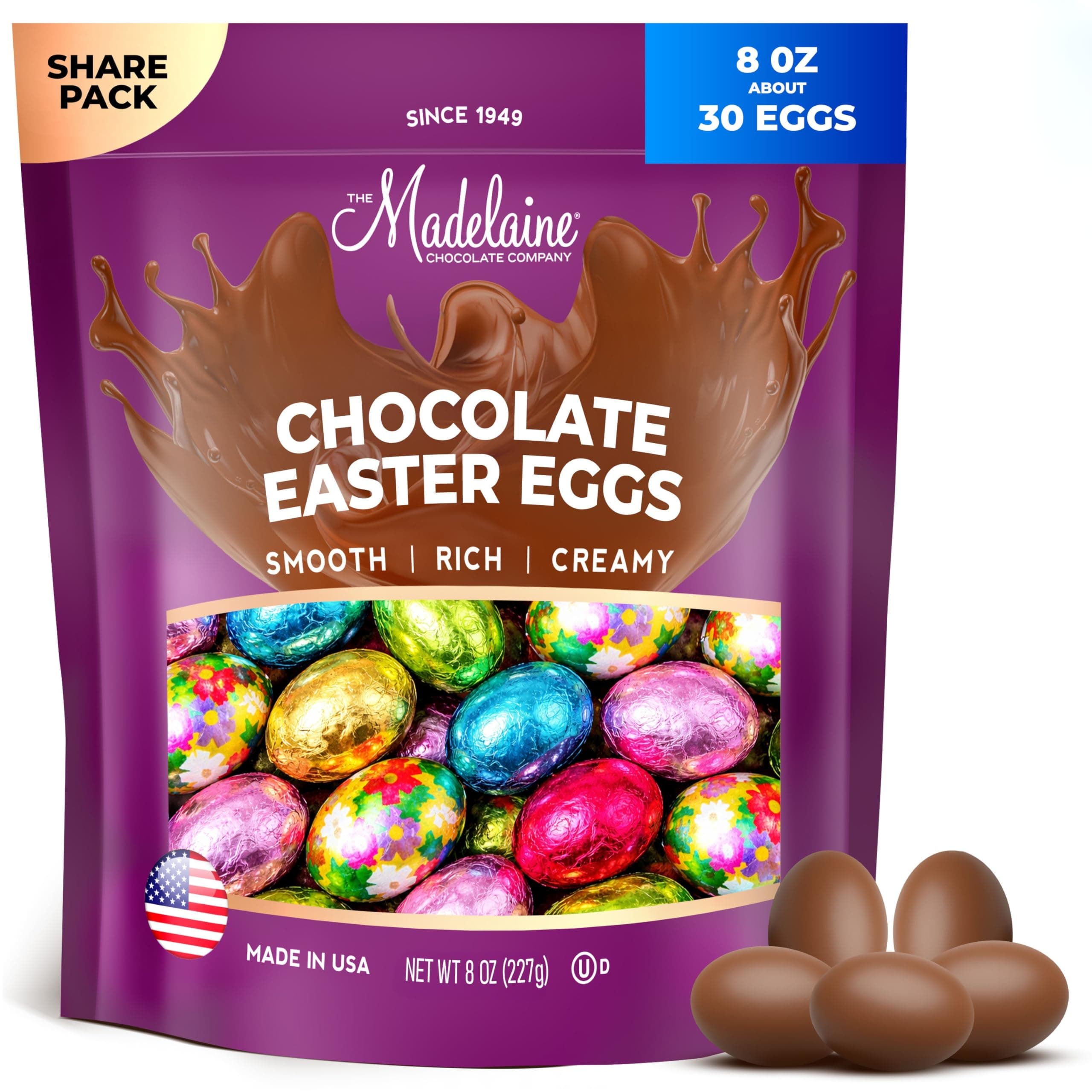 Madelaine Chocolate Easter Eggs – Solid Milk Chocolate Easter Candy - 30 Individually Wrapped Mini Eggs for Easter Basket Stuffers - 8 oz