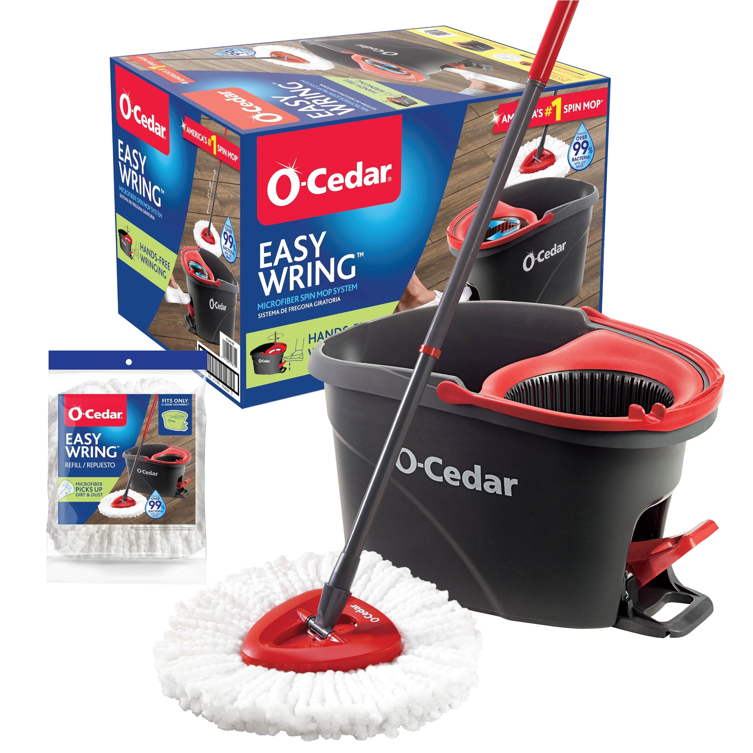 O-Cedar EasyWring SpinMop, Red/Gray, Spin Mop with 1 Extra Refill