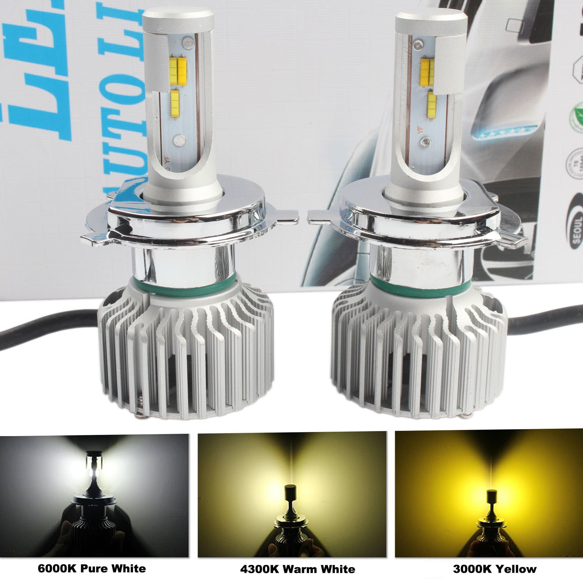 ANFTOP H4 HB2 9003 Car LED Headlight Bulbs Conversion Kit 60W 6000LM 6000K White / 4300K Warm White / 3000K Yellow 3 Color Temperature All In One Auto Headlamp Plug and Play 12V DC