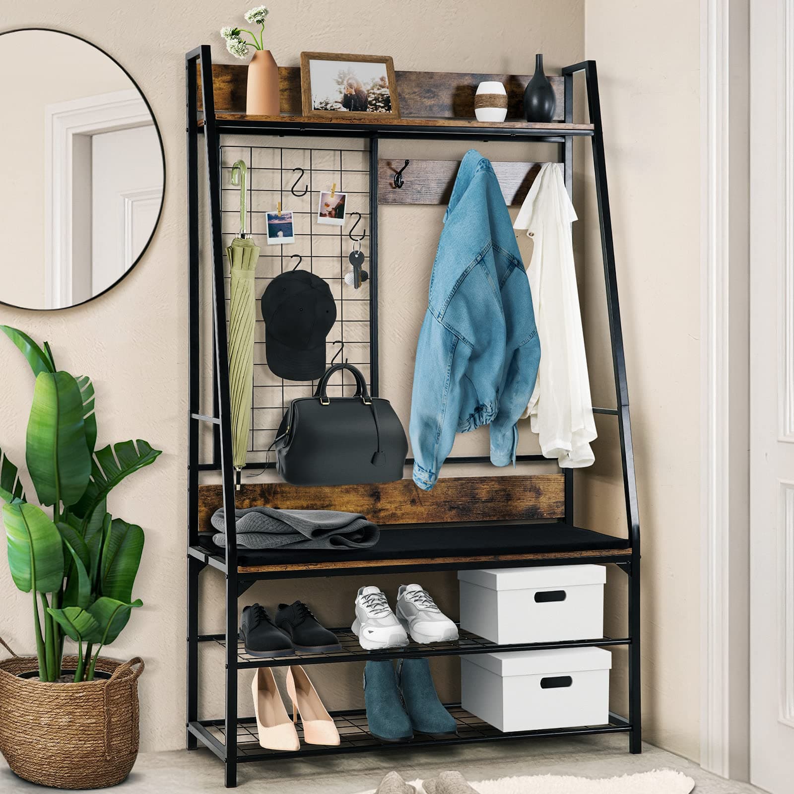 E&D FURNITURE Entryway Hall Tree, Entryway Coat Rack with Shoe Storage Bench Mudroom Bench with Storage and Hooks Coat Rack Tree Freestanding Shoe Rack for Mudroom Organization